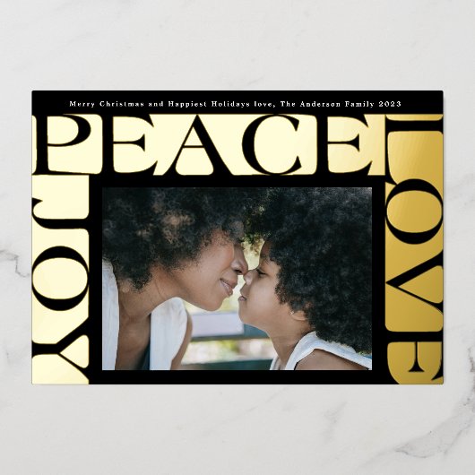Modern LOVE PEACE JOY één foto onyx lijst Folie Feestdagenkaart (Voorkant)