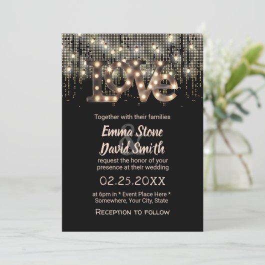 Modern Love Sign & String Lights Wedding Kaart (Staand voorkant)