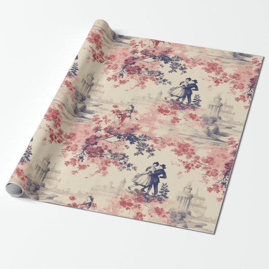 Modern Love Valentijn Red Toile de Jouy Pattern Cadeaupapier (Uitgerold)