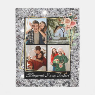 Modern LOVE YOU 4 foto's Silver Glitter Valentijn Fleece Deken