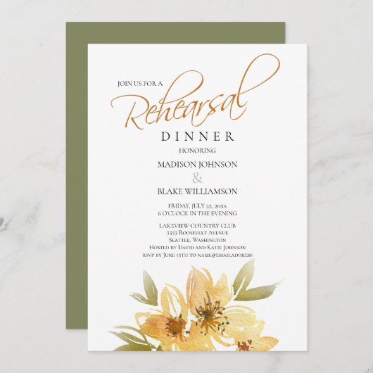 Modern Luchtig Geel bruiloft repetitie diner Kaart (Voorkant / Achterkant)