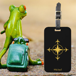 Modern Luchtvaart Kompas & Vliegtuig, Zwart Custom Bagagelabel