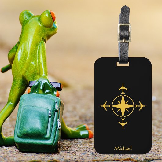 Modern Luchtvaart Kompas & Vliegtuig, Zwart Custom Bagagelabel