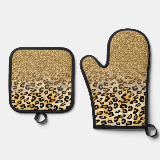 Modern luipaard patroon gouden glitter ombre ovenwant & pannenlap set (Voorkant)