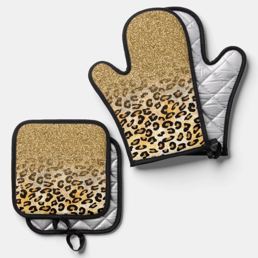 Modern luipaard patroon gouden glitter ombre ovenwant & pannenlap set (Voorkant / Achterkant)