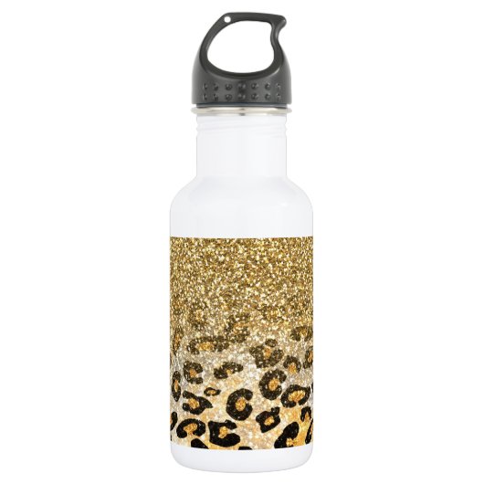 Modern luipaard patroon gouden glitter ombre waterfles (Voorkant)