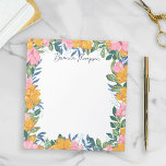 Modern Lush Pink & Yellow Floral Frame Notitieblok<br><div class="desc">Beautiful floral notepad with a striking floral frame creating a border around the notepad. The flowers and greenery are hand-drawn on a tablet in pink and yellow, and green and blue. The flowers decorate the borders, leaving plenty of room to write down notes, reminders, to do lists and more. Personalize...</div>