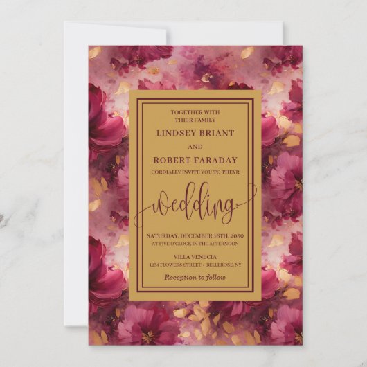 Modern Lux Deep Red Blush Gold Rozen Wedding Kaart (Voorkant)