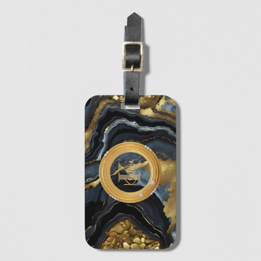 Modern Luxe Black Gold Agate Marble Monogram Bagagelabel (Voorkant (verticaal))