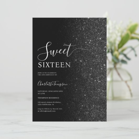 Modern luxe chique zwart glitter zoet 16 kaart (Staand voorkant)