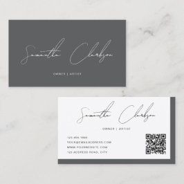 Modern Luxe Donkergrijs Handgeschreven Script QR-c Visitekaartje