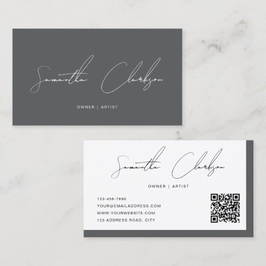 Modern Luxe Donkergrijs Handgeschreven Script QR-c Visitekaartje (Voorkant / Achterkant)