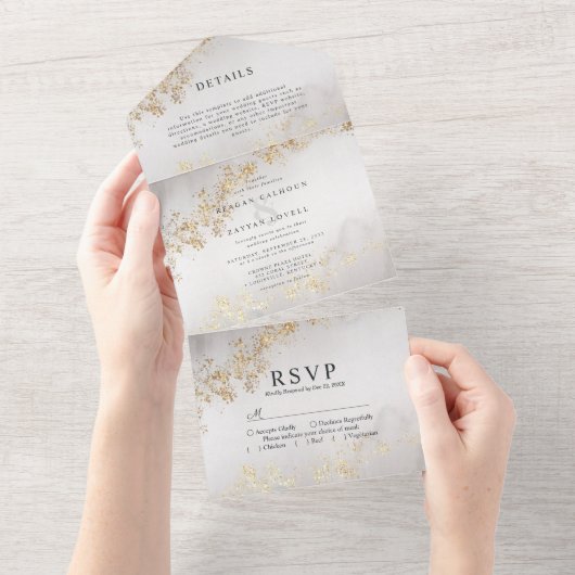 Modern Luxe Gold Flecks Grey Waterverf Wedding All In One Uitnodiging (Afscheurbaar)