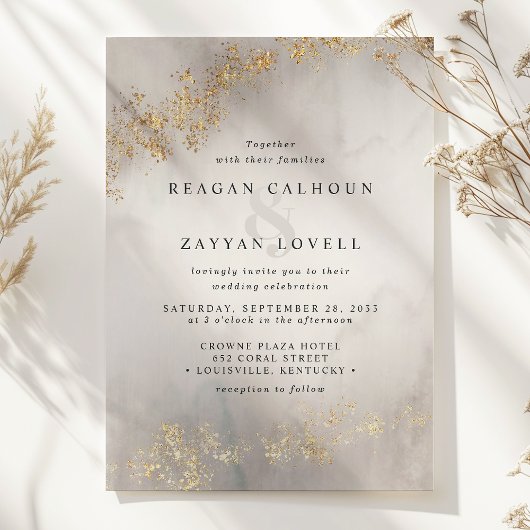 Modern Luxe Gold Flecks Grey Waterverf Wedding Kaart