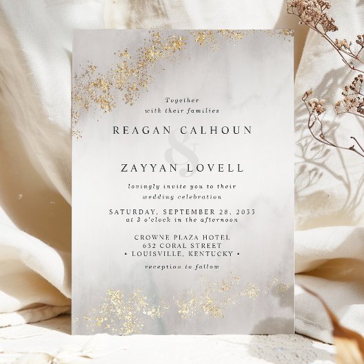 Modern Luxe Gold Flecks Grey Waterverf Wedding Kaart
