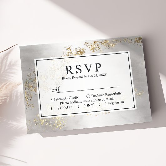 Modern Luxe Gold Flecks Grey Waterverf Wedding RSVP Kaartje