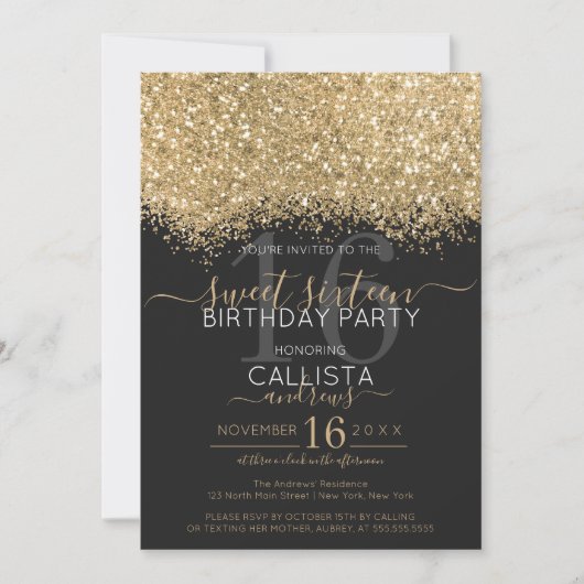 Modern Luxe Goud Zwart Glitter Confetti Sweet 16 Kaart (Voorkant)