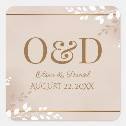 Modern Luxe Neutral & Gold Monogram Wedding Vierkante Sticker (Voorkant)