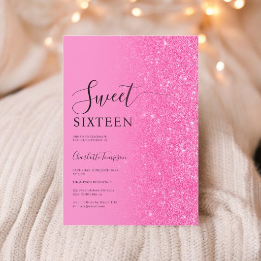Modern Luxe Roze Glitter Neon Sweet 16 Kaart