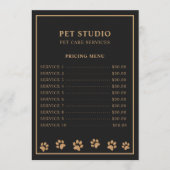 Modern Luxury Black Golden Paw Pet Care Pricing Menu (Voorkant)