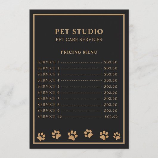 Modern Luxury Black Golden Paw Pet Care Pricing Menu (Voorkant)