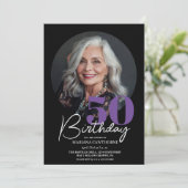 Modern Luxury Black Purple 50th Birthday Party Kaart (Staand voorkant)