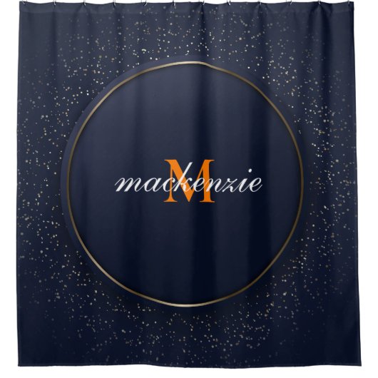 Modern Luxury Blue Circle Sinaasappel Monogram Scr Douchegordijn (Voorkant)