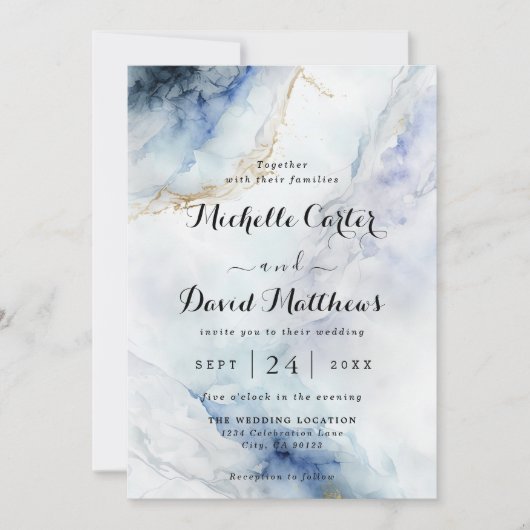 Modern Luxury Blue Marble Wedding Invitation Kaart (Voorkant)