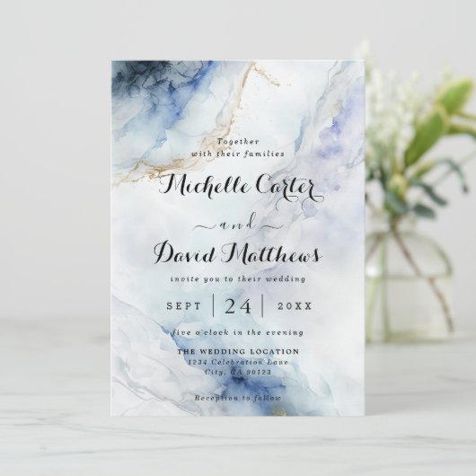Modern Luxury Blue Marble Wedding Invitation Kaart (Staand voorkant)