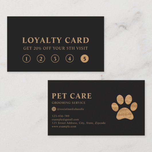 Modern Luxury Charcoal Gold Pet Paw Loyalty Card Visitekaartje (Voorkant / Achterkant)