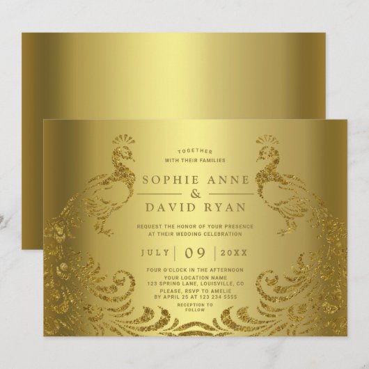 Modern Luxury Gold Abstract Peacock Wedding Kaart (Voorkant / Achterkant)