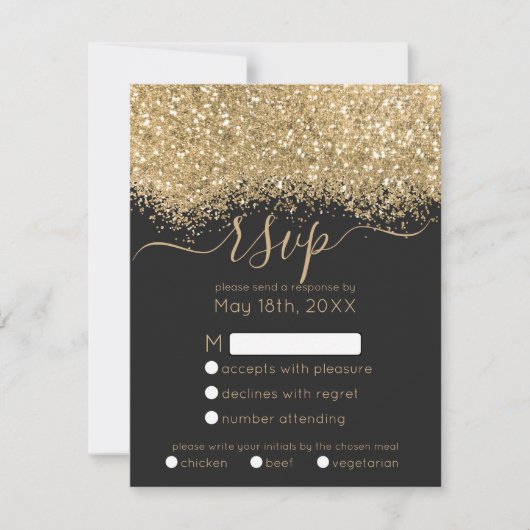 Modern Luxury Gold Black Glitter Confetti Wedding RSVP Kaartje (Voorkant)