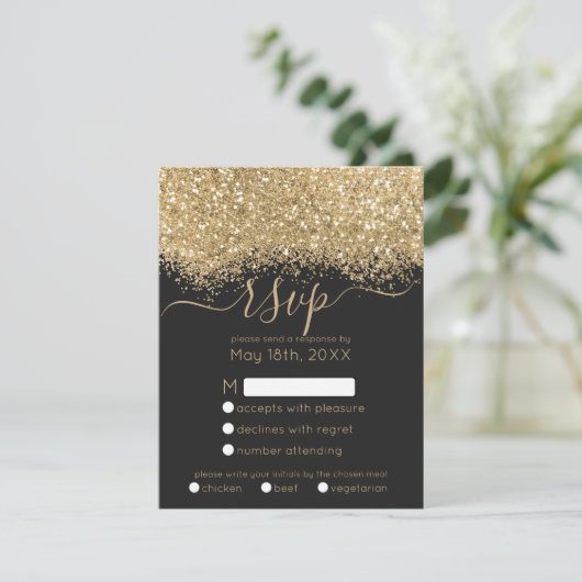 Modern Luxury Gold Black Glitter Confetti Wedding RSVP Kaartje (Staand voorkant)