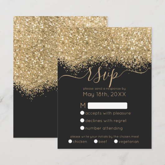 Modern Luxury Gold Black Glitter Confetti Wedding RSVP Kaartje (Voorkant / Achterkant)