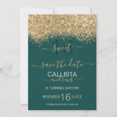 Modern Luxury Gold Green Glitter Confetti Sweet 16 Save The Date (Voorkant)