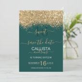 Modern Luxury Gold Green Glitter Confetti Sweet 16 Save The Date (Staand voorkant)