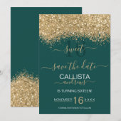 Modern Luxury Gold Green Glitter Confetti Sweet 16 Save The Date (Voorkant / Achterkant)