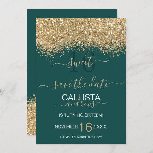 Modern Luxury Gold Green Glitter Confetti Sweet 16 Save The Date (Voorkant / Achterkant)