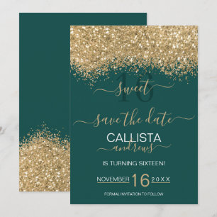 Modern Luxury Gold Green Glitter Confetti Sweet 16 Save The Date