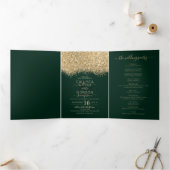 Modern Luxury Gold Green Glitter Confetti Wedding Drieluik Aankondiging (Binnen)