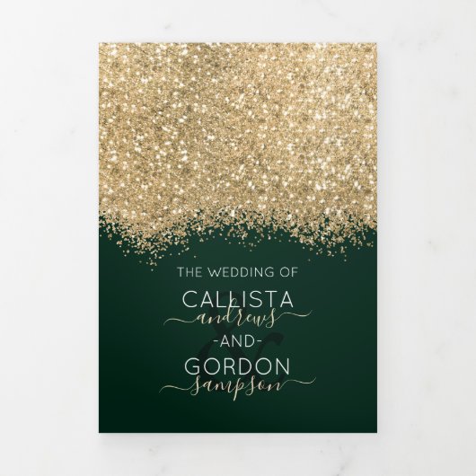 Modern Luxury Gold Green Glitter Confetti Wedding Drieluik Aankondiging (Cover)