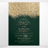 Modern Luxury Gold Green Glitter Confetti Wedding Drieluik Aankondiging (Binnenkant midden)