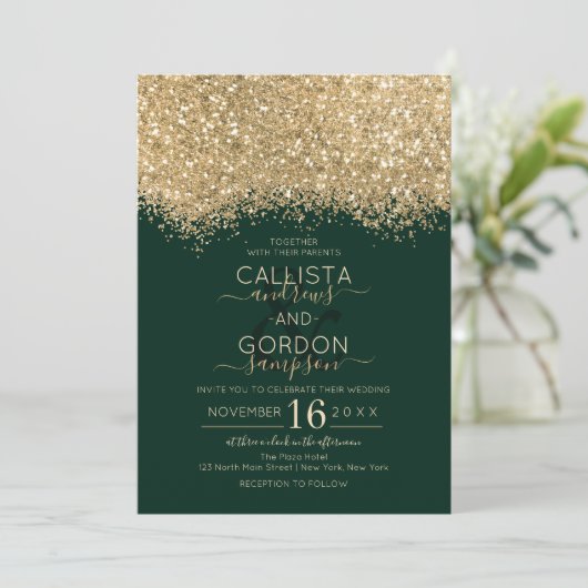 Modern Luxury Gold Green Glitter Confetti Wedding Kaart (Staand voorkant)