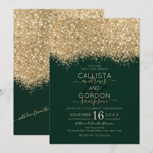 Modern Luxury Gold Green Glitter Confetti Wedding Kaart (Voorkant / Achterkant)