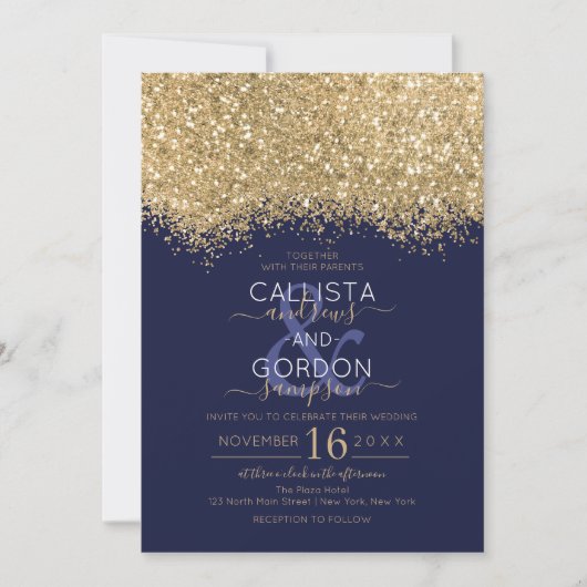 Modern Luxury Gold Navy Glitter Confetti Wedding Kaart (Voorkant)