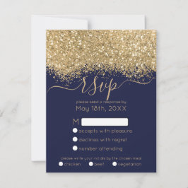 Modern Luxury Gold Navy Glitter Confetti Wedding RSVP Kaartje
