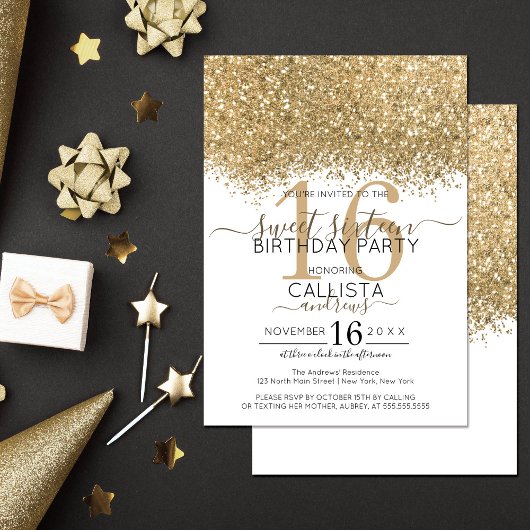 Modern Luxury Gold White Glitter Confetti Sweet 16 Kaart