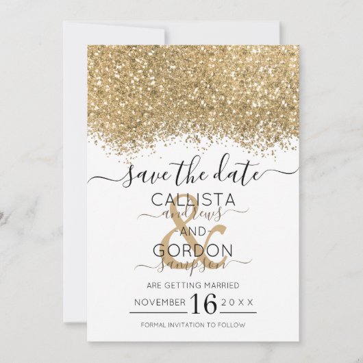Modern Luxury Gold White Glitter Confetti Wedding Save The Date (Voorkant)