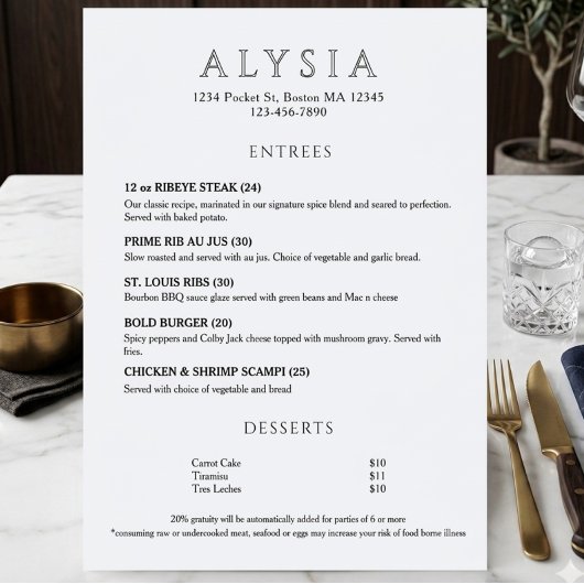 Modern Luxury Minimalist Restaurant  Menu
