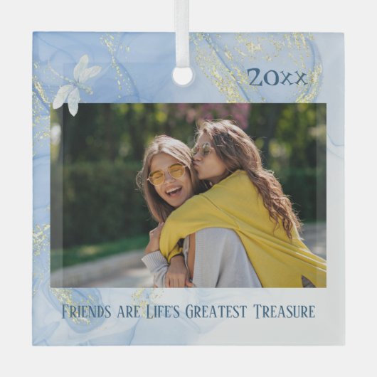 Modern, maar Elegant Blue Gold Swirl Dragonfly Glas Ornament (Voorkant)